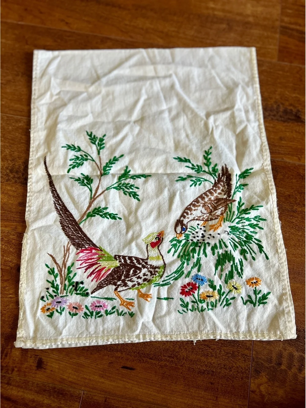Vintage Embroidered Table Runner with Birds and Floral Design